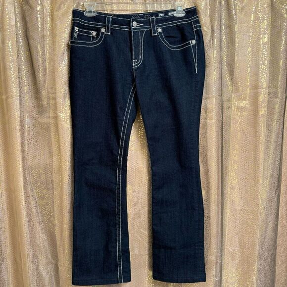Miss Me Dark Blue Rhinestone Cross Pocket Denim Boot Cut Jeans 32 Altered - Picture 1 of 10